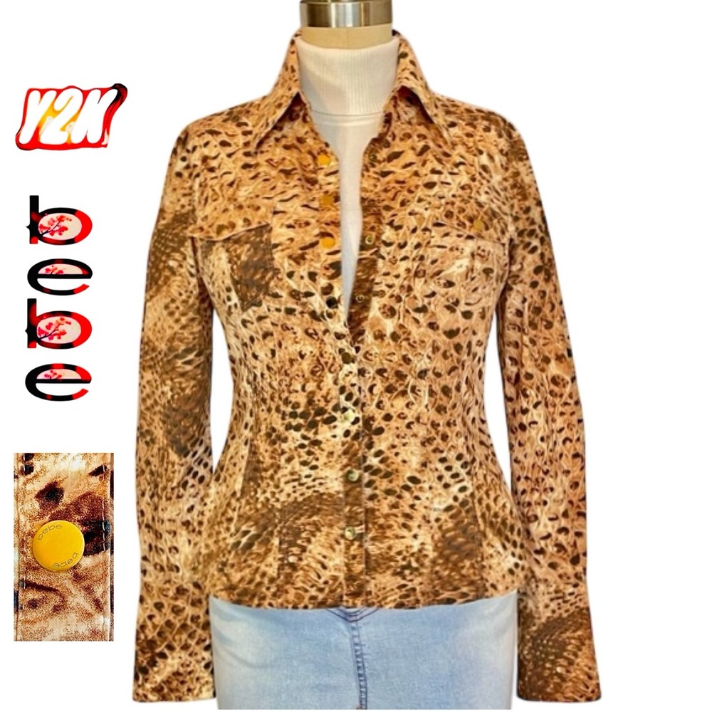 Y2k Bebe abstract leopard logo snaps top jacket Small brown ocelot cheatah